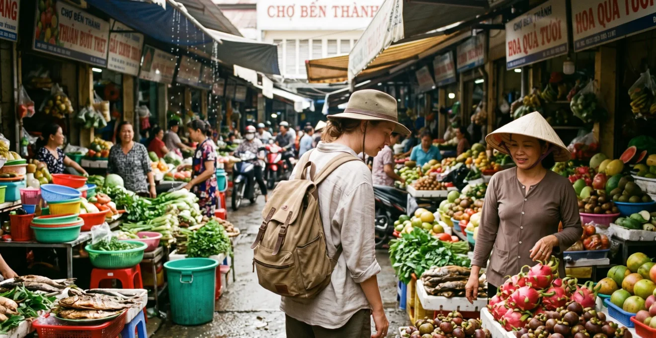 Voyageur explorant un marché local vietnamien traditionnel avec étals de fruits tropicaux et vendeurs locaux