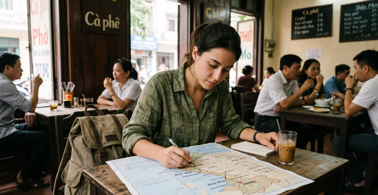 Voyageur planifiant son itinéraire vietnamien en consultant une carte dans un café traditionnel vietnamien