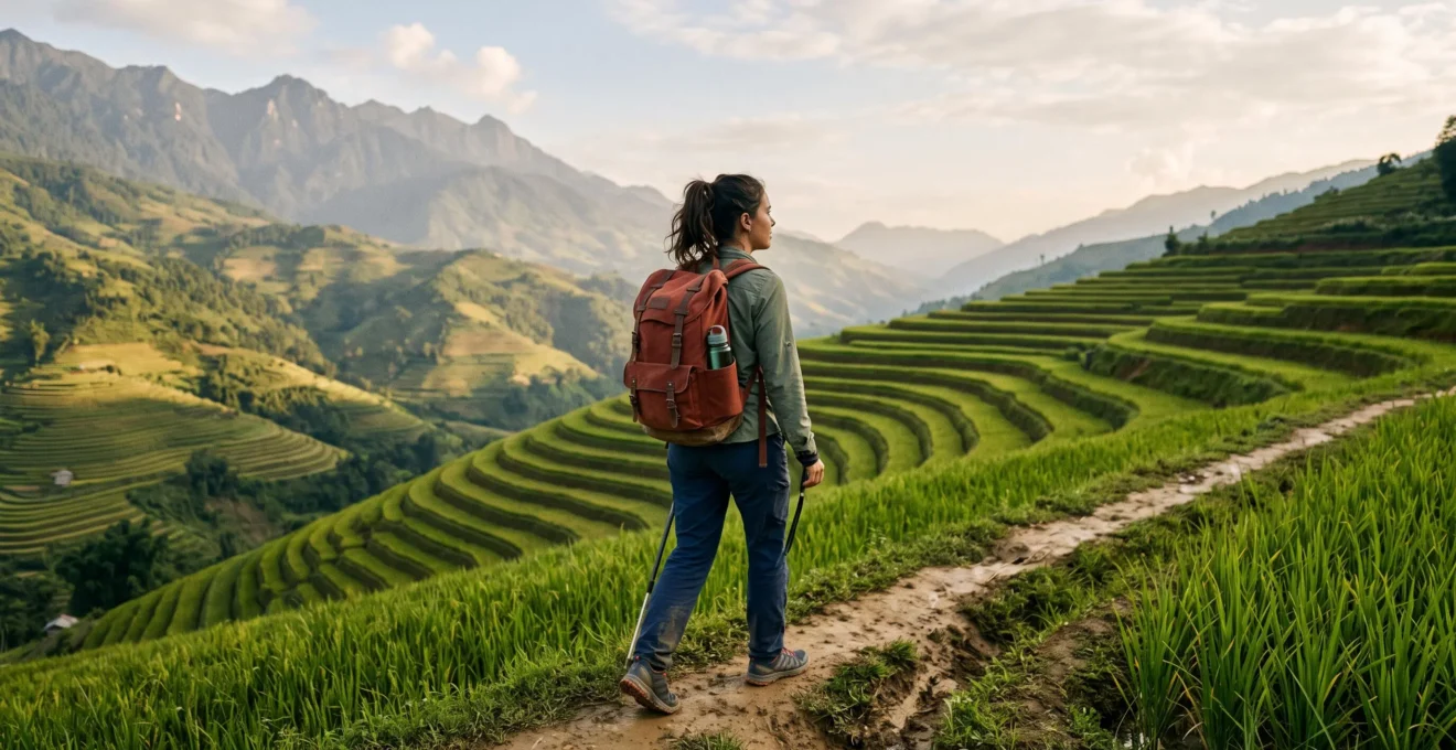 Voyageur avec sac à dos marchant le long d'une route rurale entourée de rizières en terrasses dans le nord du Vietnam