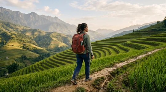 Voyageur avec sac à dos marchant le long d'une route rurale entourée de rizières en terrasses dans le nord du Vietnam