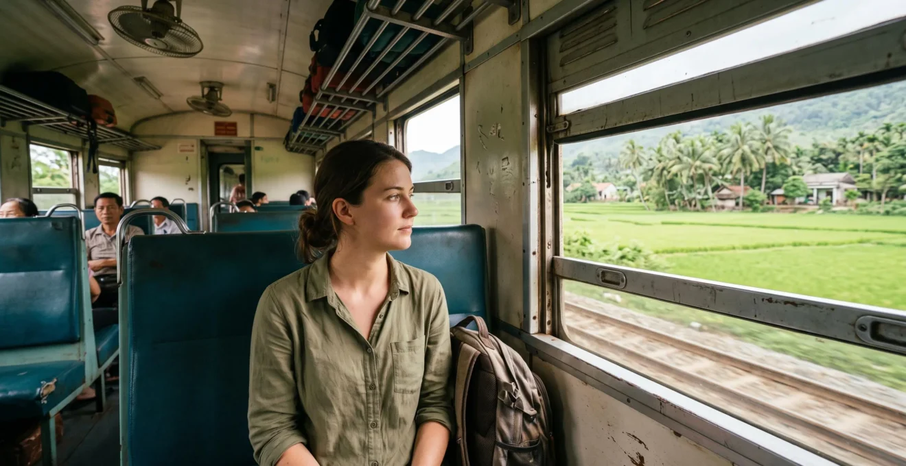 Voyageur assis près de la fenêtre d'un train vietnamien local observant les rizières défiler dans la campagne